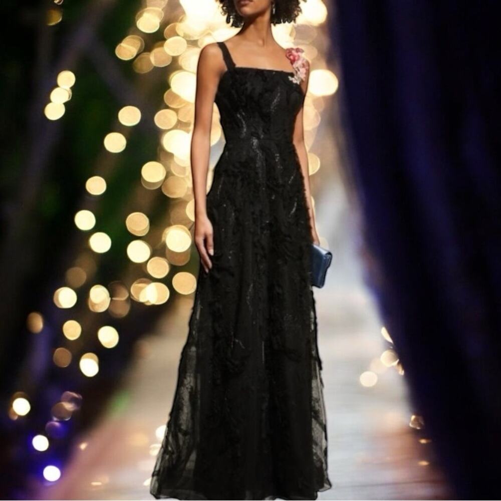 Rickie Freeman Teri Jon Sleeveless Gown Floral Applique Strap Black Size 10‎